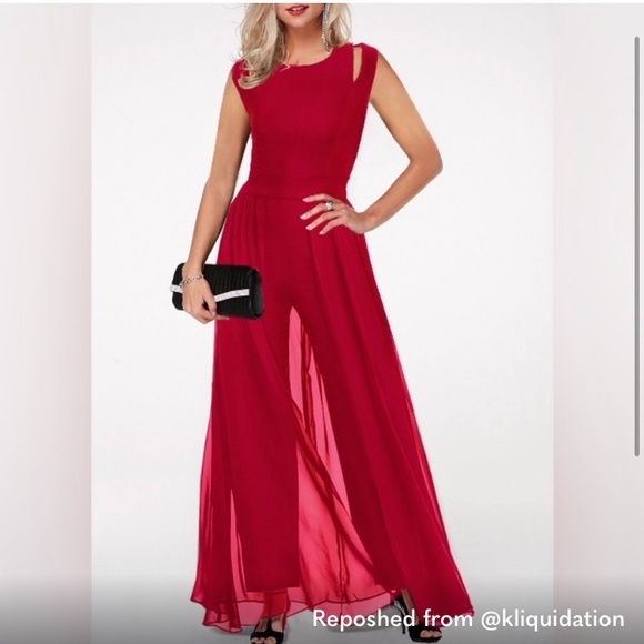 XL NEW WOT Womens Sexy One Piece Jumpsuit Round Neck Chiffon Overlay Loose Jump - Picture 2 of 4